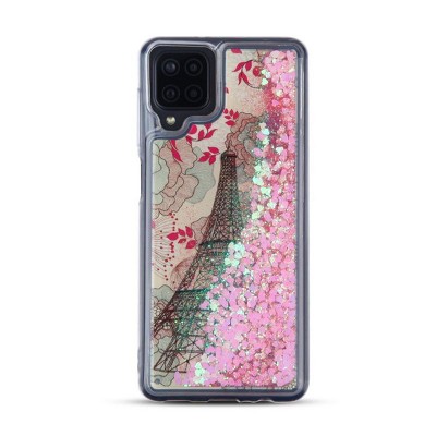 MyBat Quicksand Glitter Hybrid Protector Cover Case Compatible With Samsung Galaxy A12 5G - Eiffel Tower Pink Hearts