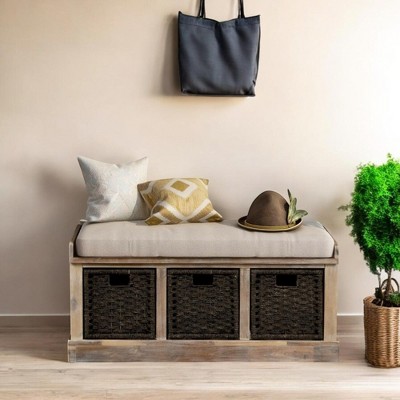Alilang 43.70 inches Rustic Wooden Storage Bench with Upholstered Cushion Top-White Washed