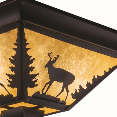 Burnished Bronze Rustic Deer Flush Mount Ceiling Light with Tiffany Glass