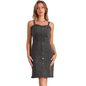 Allegra K Women's Button Down Sweetheart Neckline Sleeveless Summer Knee Length Denim Bodycon Sundress - 1 of 4