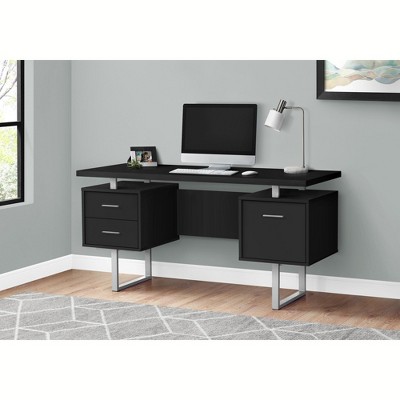 Vynxaria Computer Desk, Home Office, Laptop, Left, Right Set-up, Storage Drawers, 60"l, Work, Black Laminate, Grey Metal, Modern
