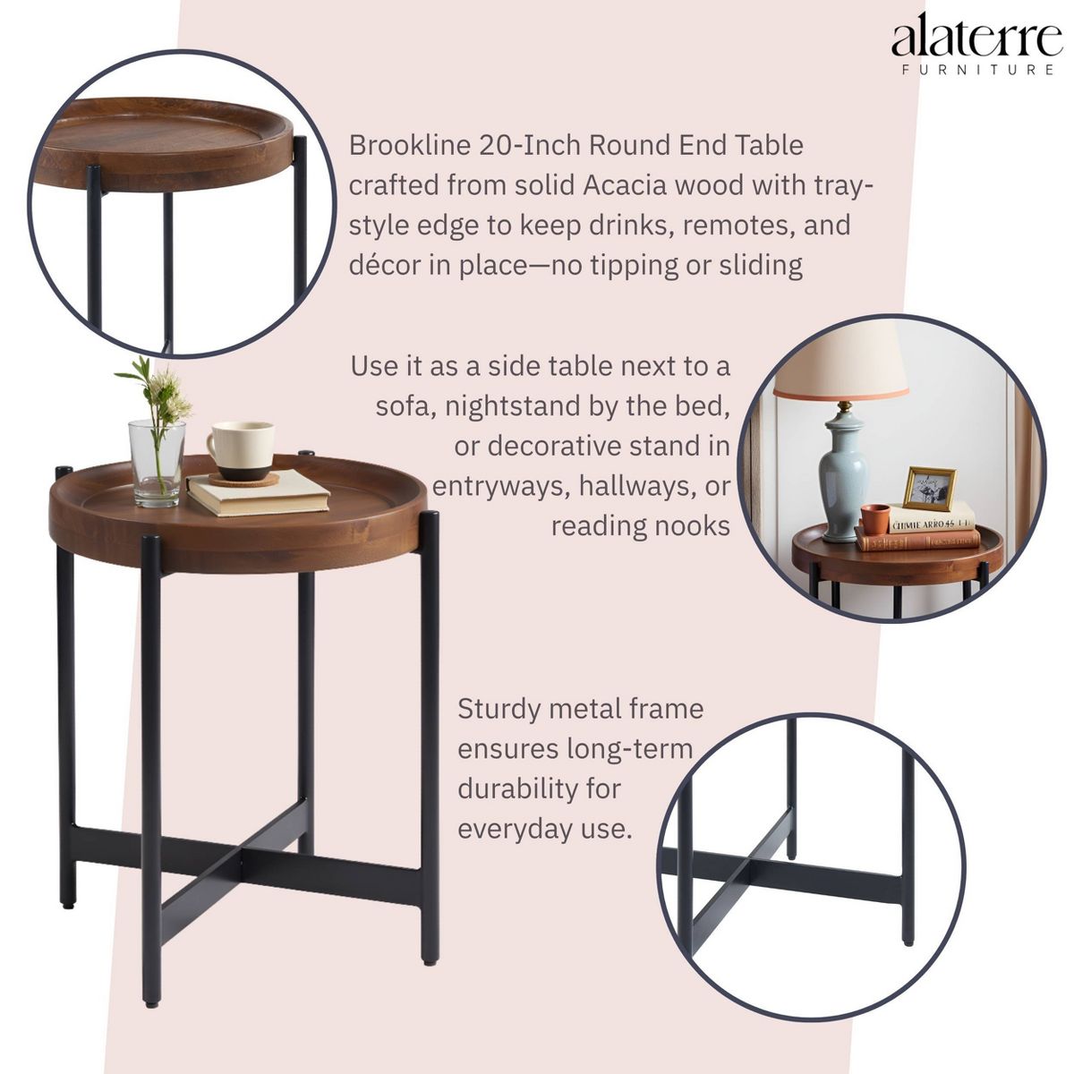 20" Brookline Round End Table Medium Chestnut - Alaterre Furniture: Chic Industrial, Fixed Tray Top - thumbnail 3