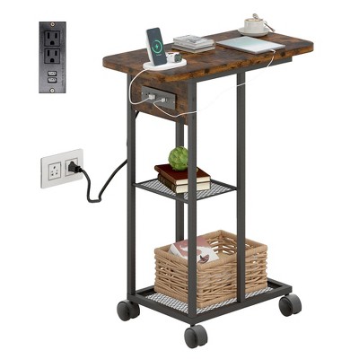 End Table with Charging Station, Sofa Couch Table with USB Ports and Outlets, Nightstand with Wheels and Shelf