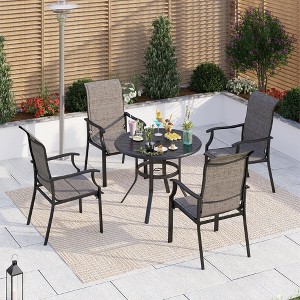 Captiva Designs 5pc Outdoor Patio Slat-top Black Round Dining Steel Table & Steel Frame Sling Chairs - 1 of 4