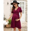 Coolmee Women's Maternity Dress Puff Short Sleeves V Neck Dresses Casual High Waist A Line Solid Color Midi Dress with Belt - 4 of 4
