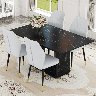 NicBex Dining Table Set for 4 Kitchen Table Black Marble Pattern MDF Dining Set with 4 White PU Chairs With a Widened Backrest Design