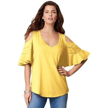 Roaman's Women's Plus Size Ruffle-Sleeve Top with Cold Shoulder Detail