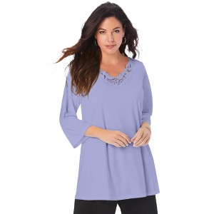 Roaman's Women's Plus Size Lace V Neck Ultrasmooth Fabric Top - 1 of 4