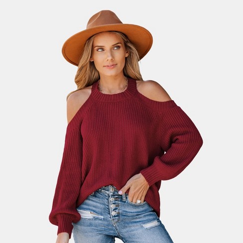 Women s Toasty Open shoulder Rib Sweater Cupshe xl red Target