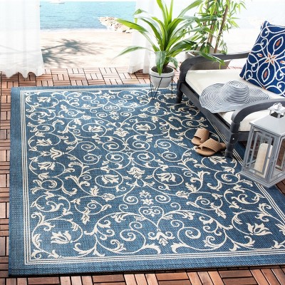 Navy and Beige Rectangular Synthetic Indoor/Outdoor Rug