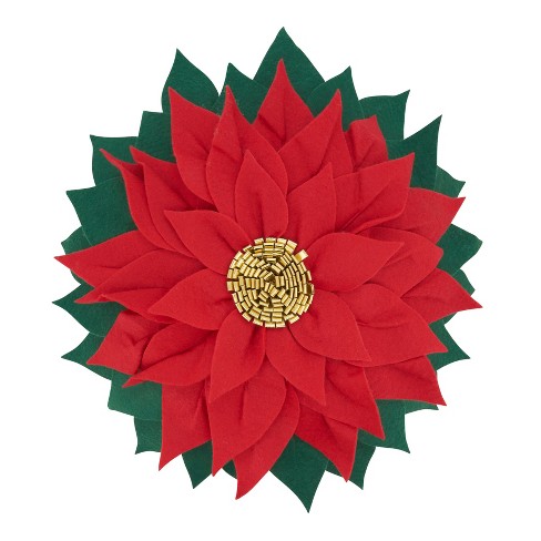 Red Felt Poinsettia Shaped Holiday Decorative Throw Pillow