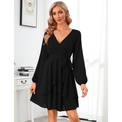 Womens Skater Dresses Sexy V Neck Short Sleeve Tie Waist Solid Ruffle Boho Flowy Swing Mini Dress