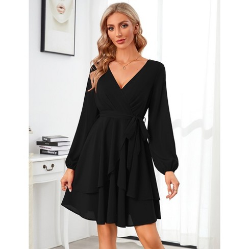 Womens Skater Dresses Sexy V Neck Long Sleeve Tie Waist Solid Ruffle ...