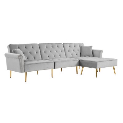 NicBex Modern Velvet Reversible Sofa Bed,L-Shaped Couch with Movable Ottoman and Nailhead Trim for Living Room,Apartment,Office,Gray