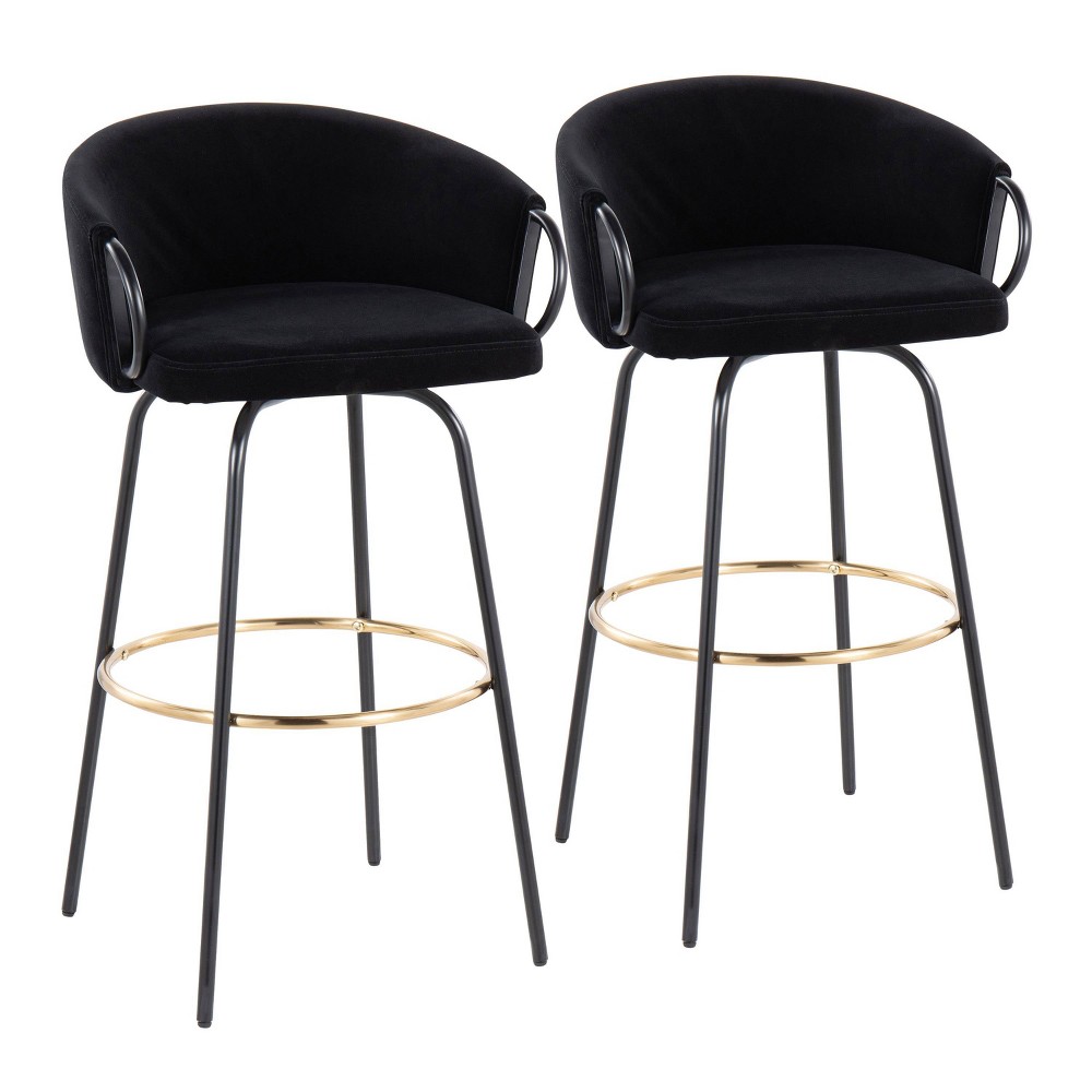 LumiSource Set of 2 Claire Barstools Black: Upholstered Velvet, Swivel, Metal Frame, Fixed Height