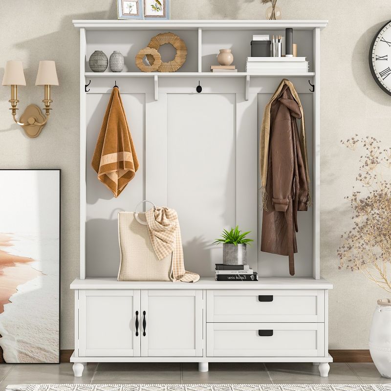 Modern Style Hall Tree with Storage Cabinet, 2 Large Drawers, Widen Mudroom Bench and 5 Coat Hooks - ModernLuxe, 2 of 14