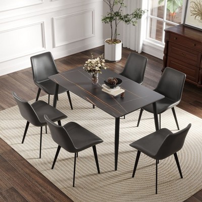 Okak Dining Table 55.12"/62.99"  Modern Artificial Stone Dining Table with Black Metal Leg for 6 People for Kitchen, Dining Room, Office