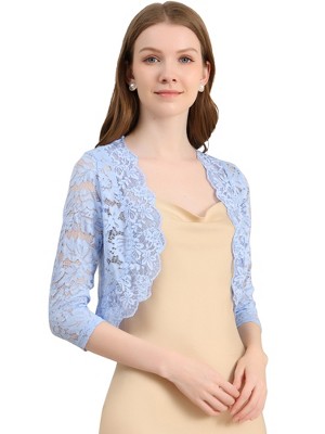 INSPIRE CHIC Women's Elegant 3/4 Sleeve Sheer Floral Lace Open Front Crop Shrug