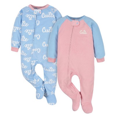 Image of Gerber Baby Girls' Fleece Footed Pajamas, 2-Pack, Cutie, 6-9 Months