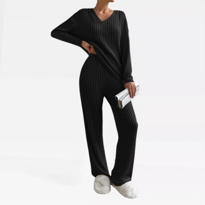 Soft Lounge Sets for Women 2 Piece Rib Texture Knit Pajama Sets Long V Neck Tops with Pull On Pants Fall/Winter Lounge Outfits Cozy Pajama Sets