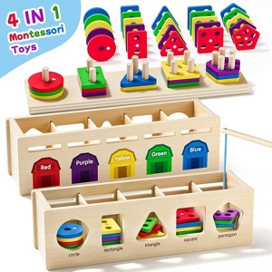 4-in-1 Wooden Sorting and Stacking Toy Box with Shape Sorter and Fishing Game for Ages 3+ - 1 of 4