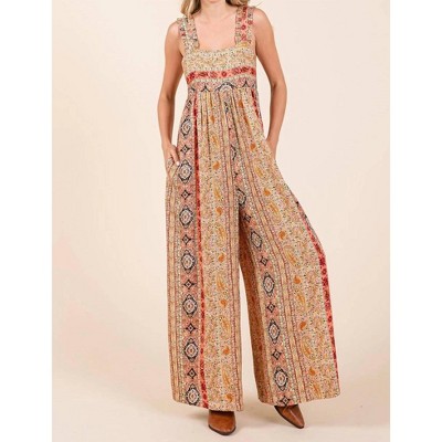 Women's Boho Print Ruffle Strap Tie Back Wide Leg Jumpsuit - mittoshop