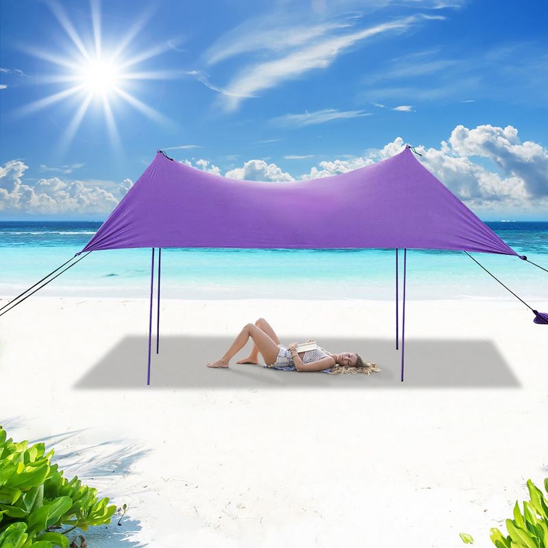 Costway Family Beach Tent Canopy w/4 Poles Sandbag Anchors 10'x9' UPF50+ Purple/Green/Blue, 2 of 7