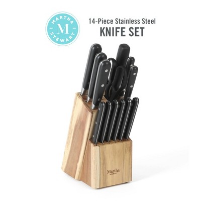 14-Piece Black Stainless Steel Knife Set with Acacia Block