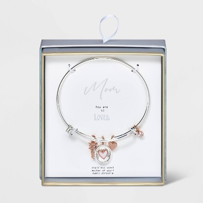 Silver Plated 'Mom' Mother of Pearl Diamond Cut Heart Bangle Bracelet