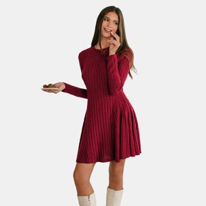 Women's Elegant Ribbed Knit Swing Dress in Rich Burgundy - Cupshe - 1 of 4