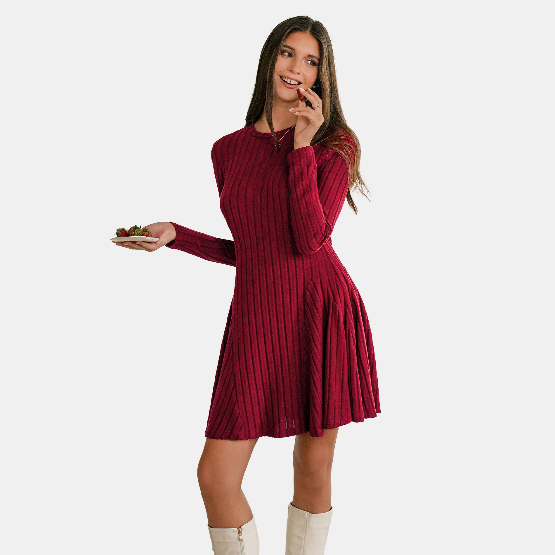 Women's Elegant Ribbed Knit Swing Dress in Rich Burgundy - Cupshe