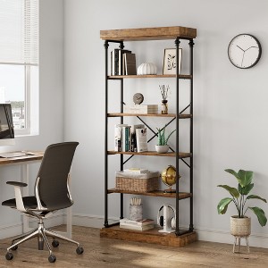 Wood Bookcase, 6 Tier Storage Open Rack Shelf with Metal Frame, Tall Free Standing Bookshelves, Display Rack for Bedroom, Living Room, Home Office - 1 of 4
