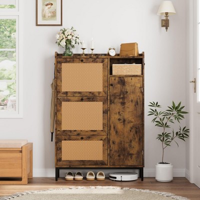 Rattan Shoe Cabinet with 3 Flip Drawers, 4-Tier Shoe Storage Cabinet for Entryway
