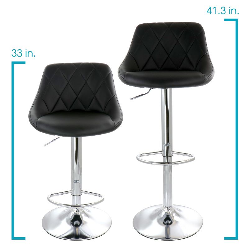 Elama 2 Piece Diamond Stitched Faux Leather Bar Stool in Black with Chrome Base and Adjustable Height, 4 of 12