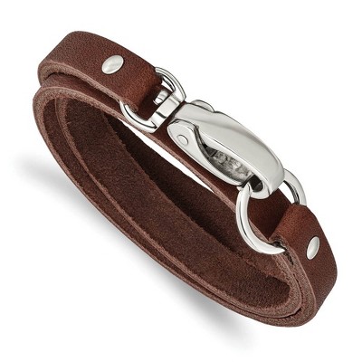 Black Bow Jewelry Men's Dark Brown Leather Wrap and Stainless Steel Bracelet, 25 Inch