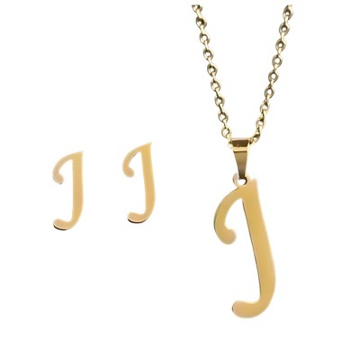 Initial Letter Pendant Necklace Earrings Set for Women Gold Plated Stainless Steel by Ginger Lyne