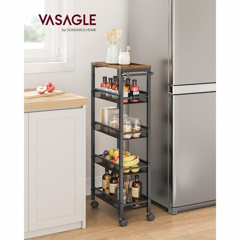 VASAGLE Slim Rolling Cart, 5-Tier Storage Cart, Narrow Cart with Handle, 8.7 Inches Deep, Metal Frame, Rustic Brown and Black, 2 of 8