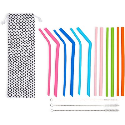 Juvale 16 Pieces Silicone Drinking Straws Reusable with Pouch & Cleaning Brushes, 2 Designs