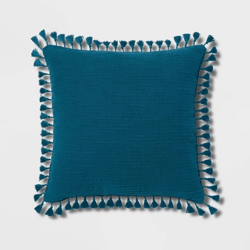 Euro Textured Slub Tassel Decorative Throw Pillow Dark Teal Blue ...