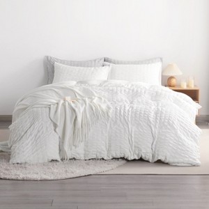 Seersucker Textured Duvet Cover Set, Stripe Washed Comforter Cover Set - NTBAY - 1 of 4