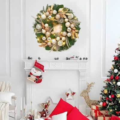 24 Inch Pre-Lit Christmas Wreath for Front Door, Battery Operated Holiday Wreath with Red Bows, Pine Cones, Ball Ornaments, Festive Xmas Decor