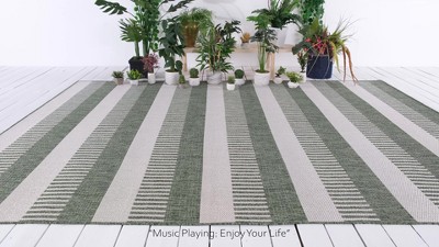 Light Green/Ivory Striped Synthetic 8' x 10' Indoor/Outdoor Rug