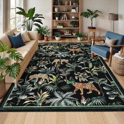Washable Tiger Print Rug - Non-Slip Low Pile, Stain-Resistant Jungle Animal Carpet for Living Room, Bedroom & Office