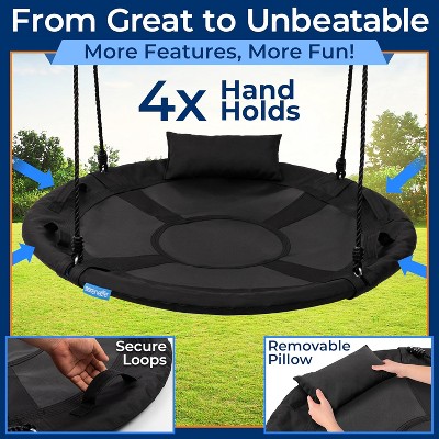Black 40" Weatherproof Outdoor Saucer Swing with Handles and Pillow