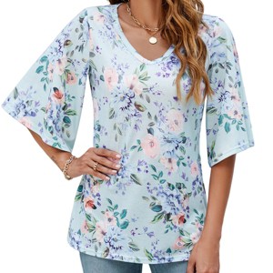 Women's 3/4 Sleeve Tunic Tops Casual V Neck Dress Shirts Floral Printed Loose Fit Pleated Blouses - 1 of 4