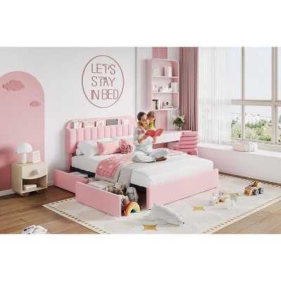 Kids Upholstered Bed Frame with Bookcase Headboard & 2 Storage Drawers, No Box Spring Needed, Easy Assembly