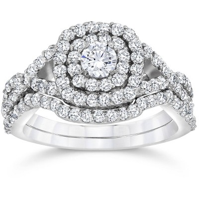 Pompeii3 1 1/10ct Cushion Diamond Halo Engagement Ring Set 10K White Gold