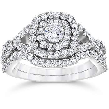 Pompeii3 1 1/10ct Cushion Diamond Halo Engagement Ring Set 10K White Gold - Size 7