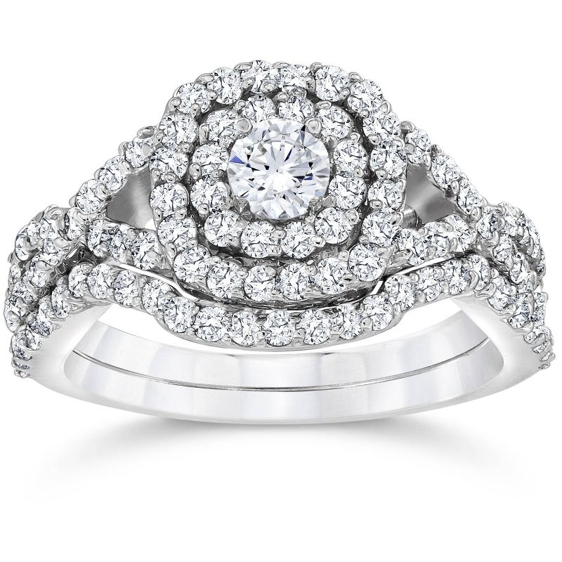 Pompeii3 1 1/10ct Cushion Diamond Halo Engagement Ring Set 10K White Gold, 1 of 6