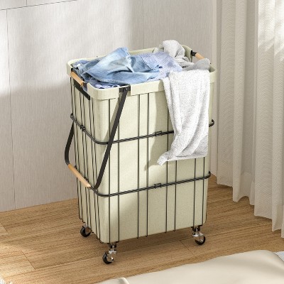 Compact White Metal Rolling Laundry Basket with Handle